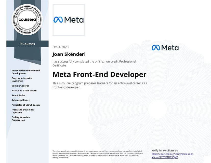 Meta Meta Front-End Developer Professional Certificate